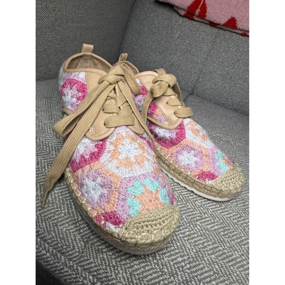 Copper Key Crochet Espadrille Sneakers Multi Granny Square Pink Orange‎ Size 8M